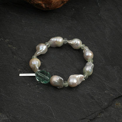 Green Fluorite & Prehnite Bracelet with Large Baroque Pearl and Sterling Silver Charm