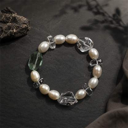Green Crystal & Clear Quartz Bracelet with White Rice Pearls