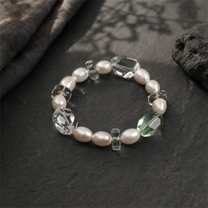 Green Crystal & Clear Quartz Bracelet with White Rice Pearls