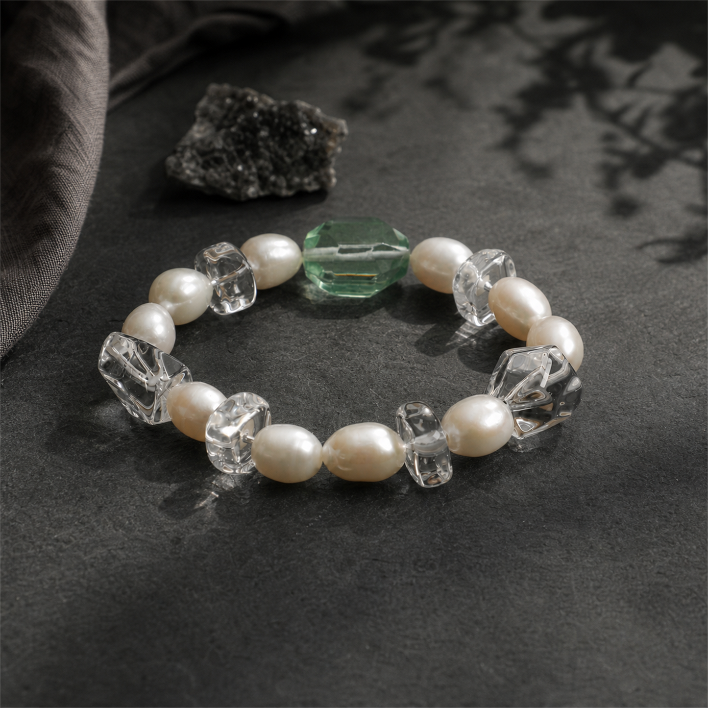 Green Crystal & Clear Quartz Bracelet with White Rice Pearls