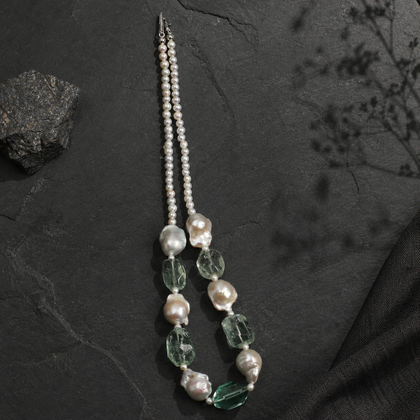 Mist Green Natural Crystal & Baroque Pearl Necklace with Sterling Silver Clasp