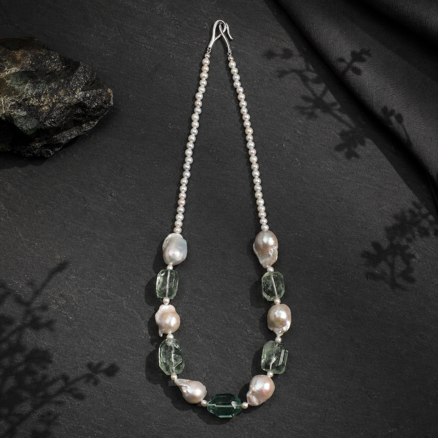 Mist Green Natural Crystal & Baroque Pearl Necklace with Sterling Silver Clasp