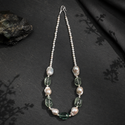 Mist Green Natural Crystal & Baroque Pearl Necklace with Sterling Silver Clasp