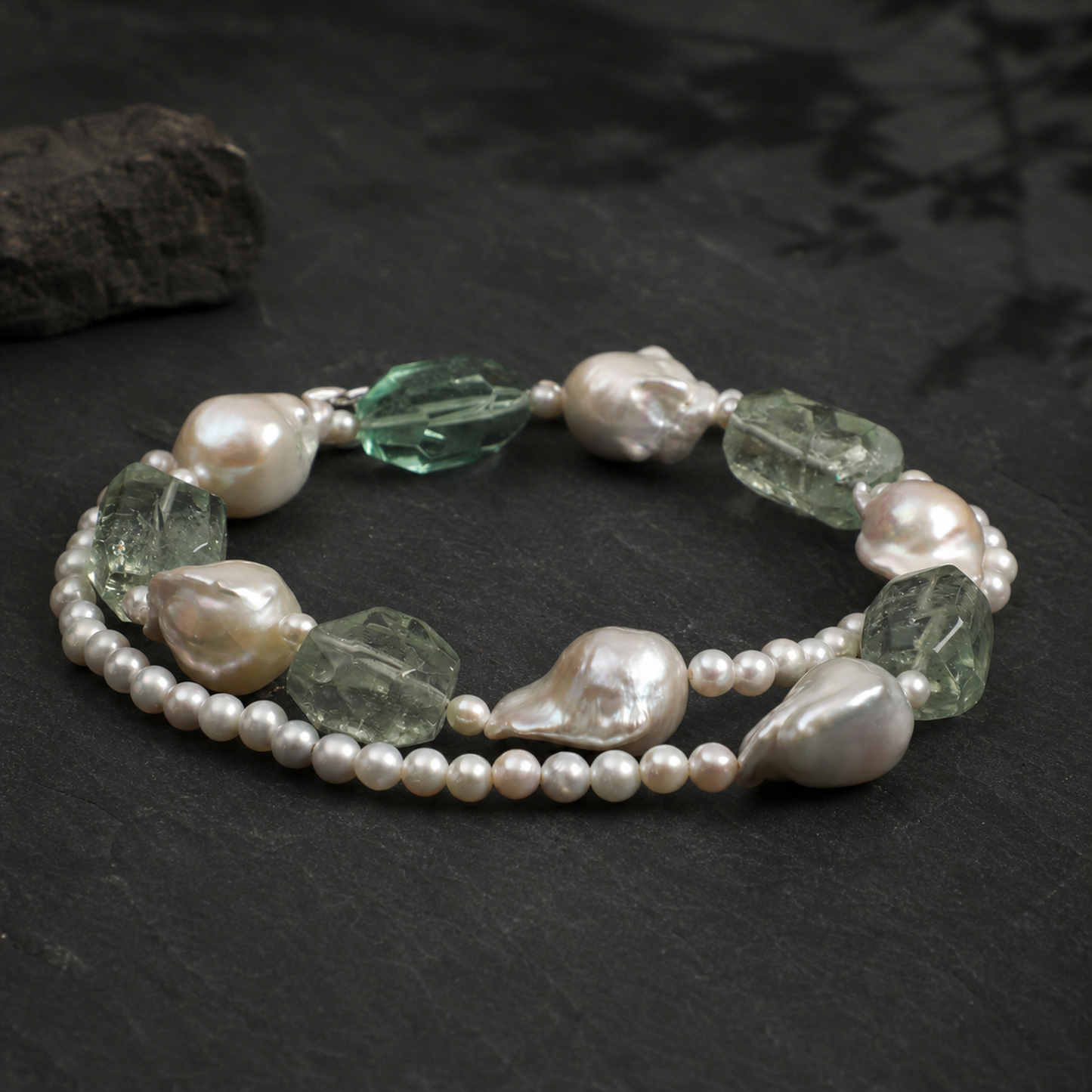 Mist Green Natural Crystal & Baroque Pearl Necklace with Sterling Silver Clasp