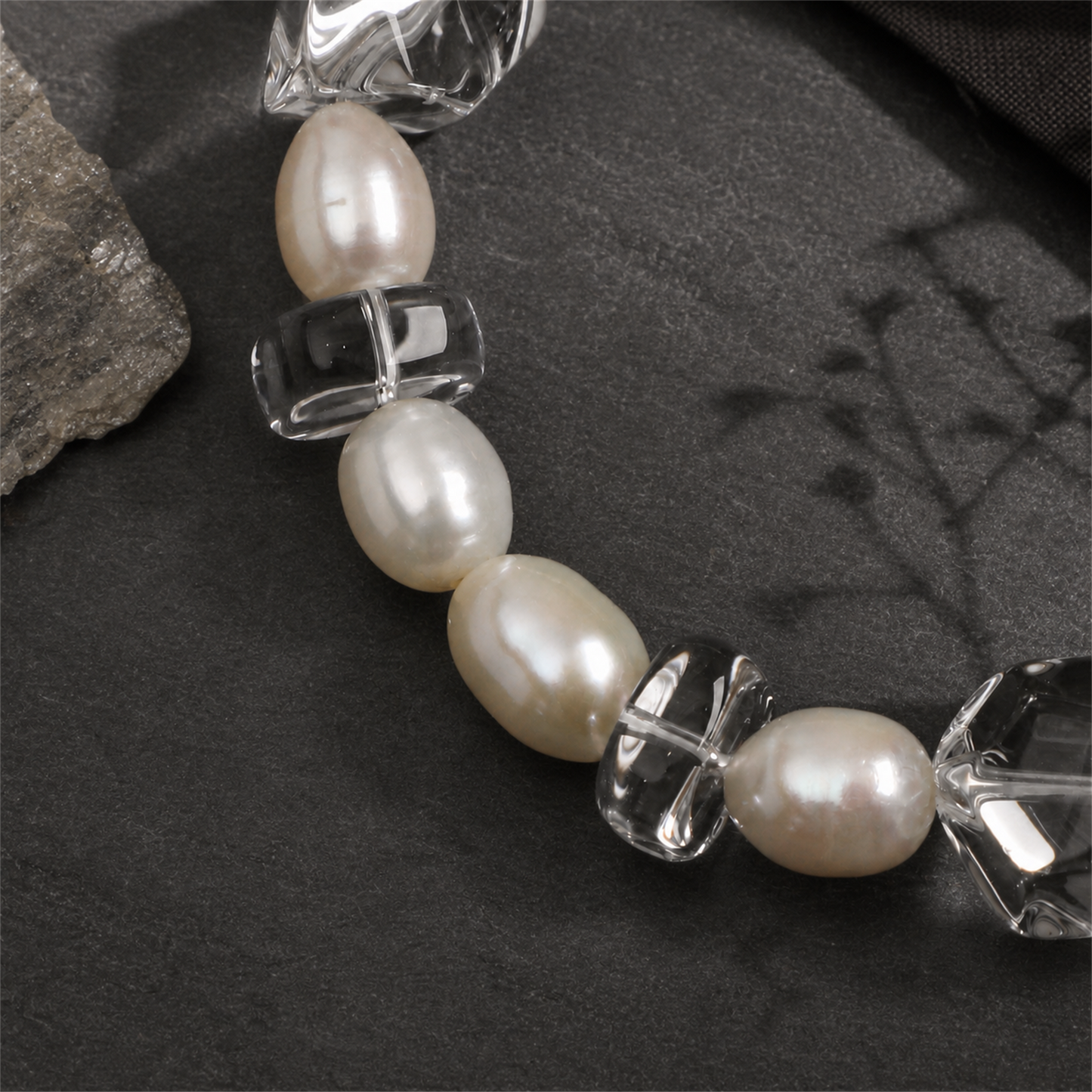 Green Crystal & Clear Quartz Bracelet with White Rice Pearls