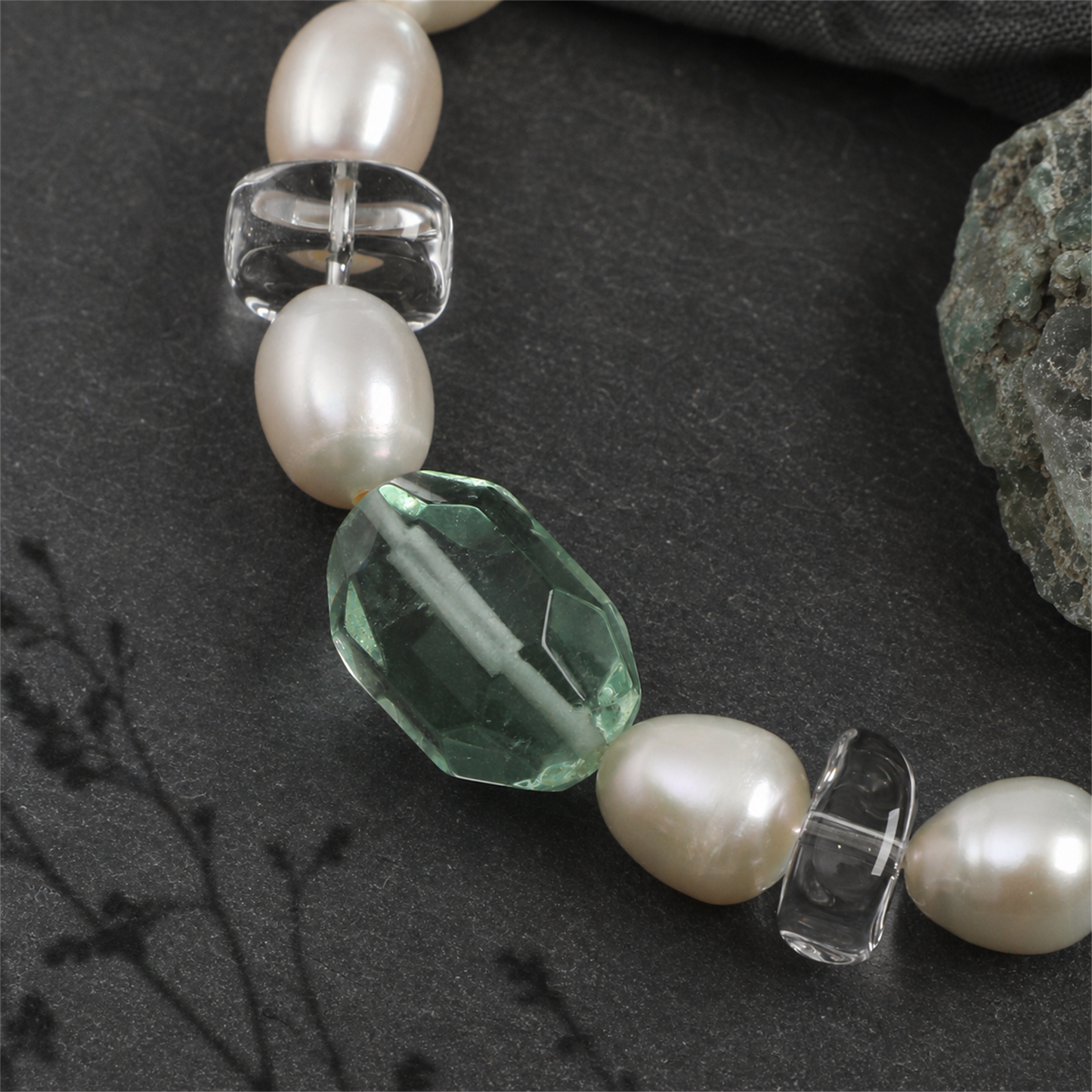 Green Crystal & Clear Quartz Bracelet with White Rice Pearls