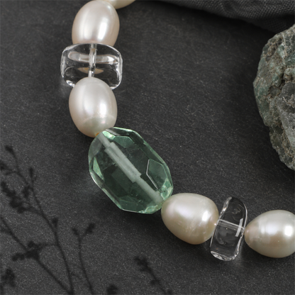 Green Crystal & Clear Quartz Bracelet with White Rice Pearls