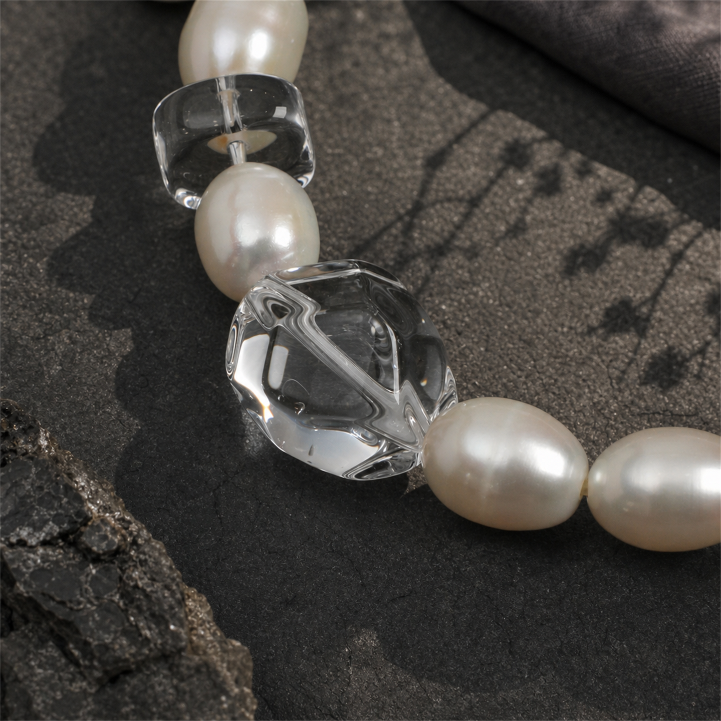 Green Crystal & Clear Quartz Bracelet with White Rice Pearls