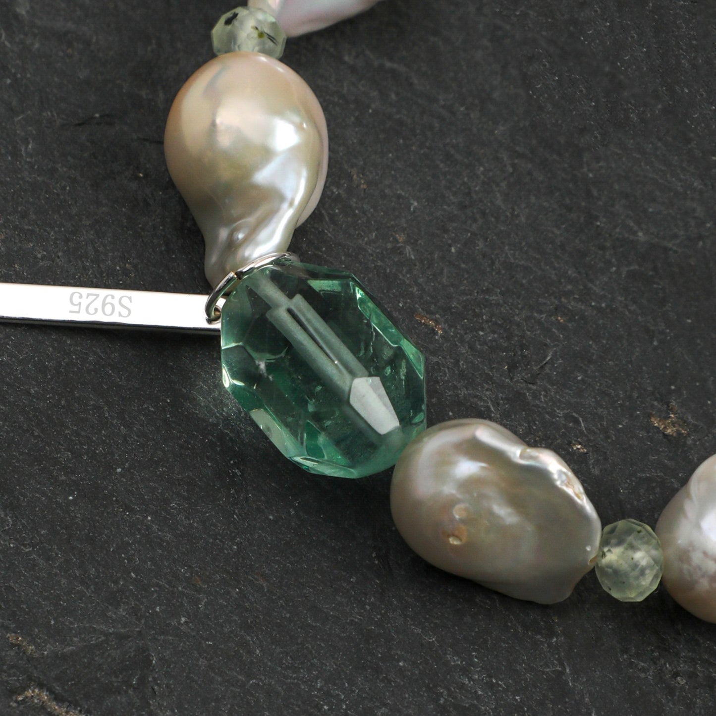 Green Fluorite & Prehnite Bracelet with Large Baroque Pearl and Sterling Silver Charm