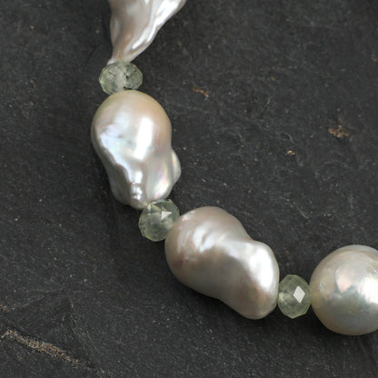 Green Fluorite & Prehnite Bracelet with Large Baroque Pearl and Sterling Silver Charm