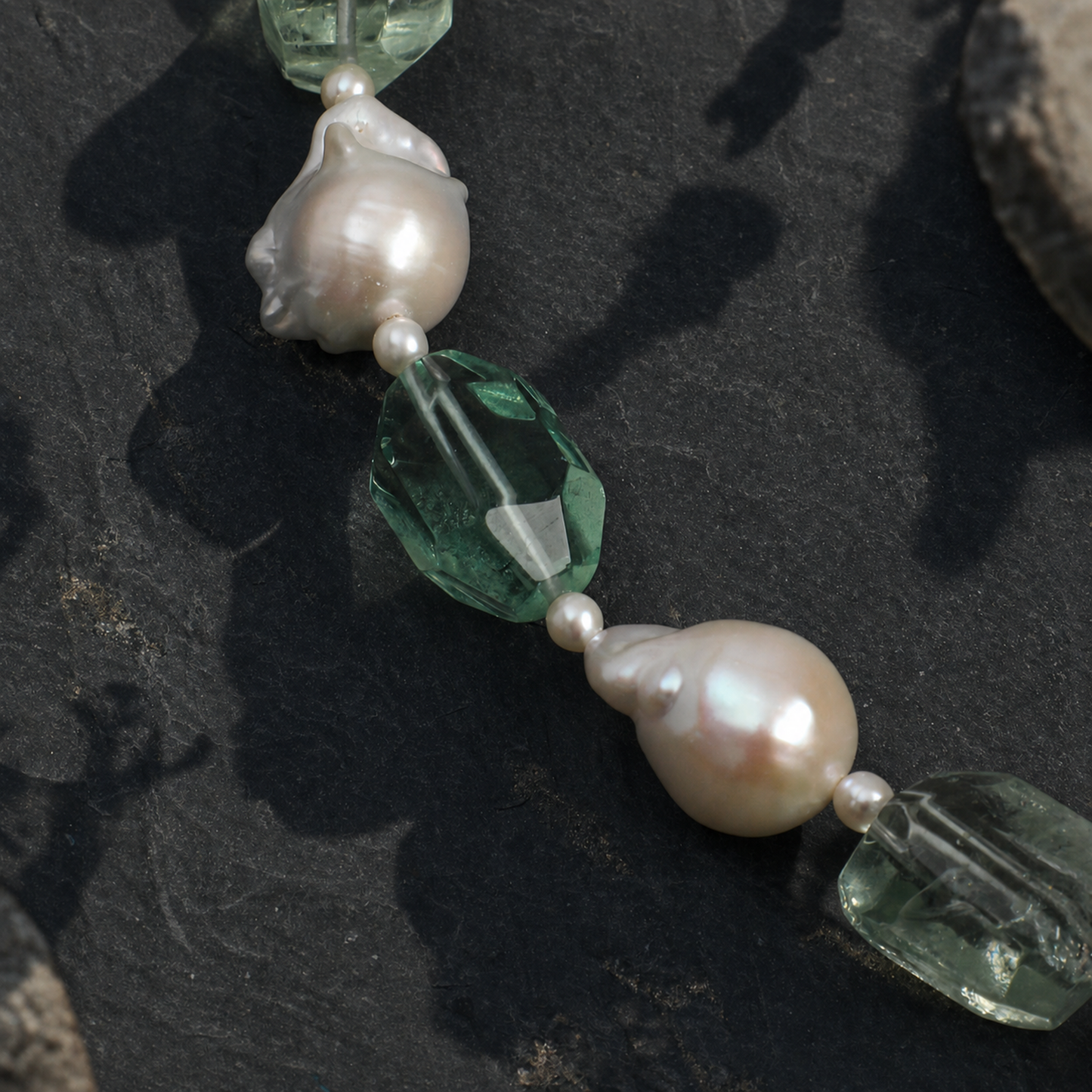 Mist Green Natural Crystal & Baroque Pearl Necklace with Sterling Silver Clasp