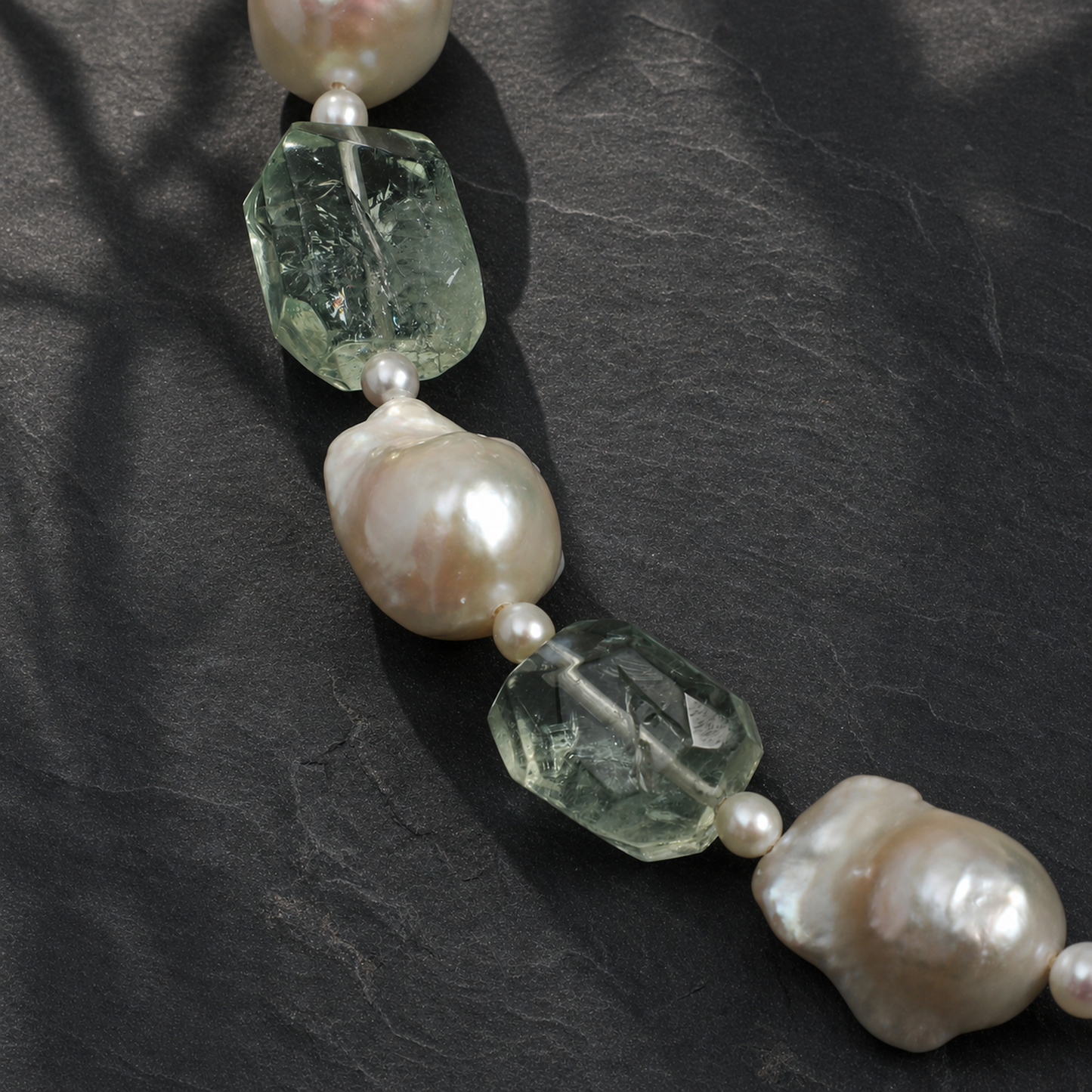 Mist Green Natural Crystal & Baroque Pearl Necklace with Sterling Silver Clasp