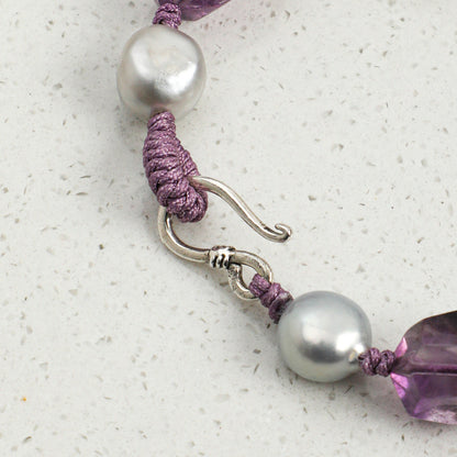 Natural Amethyst & Clear Quartz Bracelet with Gray Baroque Pearl and Sterling Silver Charm