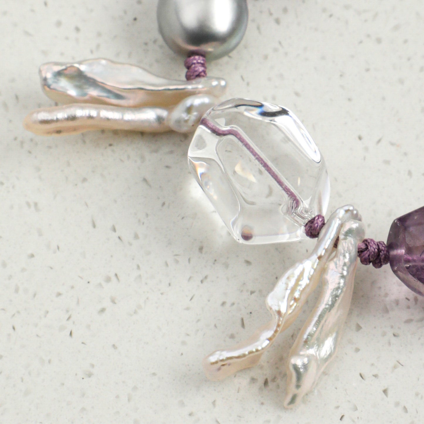 Natural Amethyst & Clear Quartz Bracelet with Gray Baroque Pearl and Sterling Silver Charm