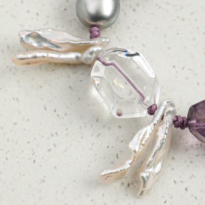 Natural Amethyst & Clear Quartz Bracelet with Gray Baroque Pearl and Sterling Silver Charm