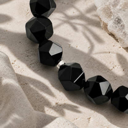Faceted Black Agate & Black Herkimer Crystal Bracelet with Pearl Accents
