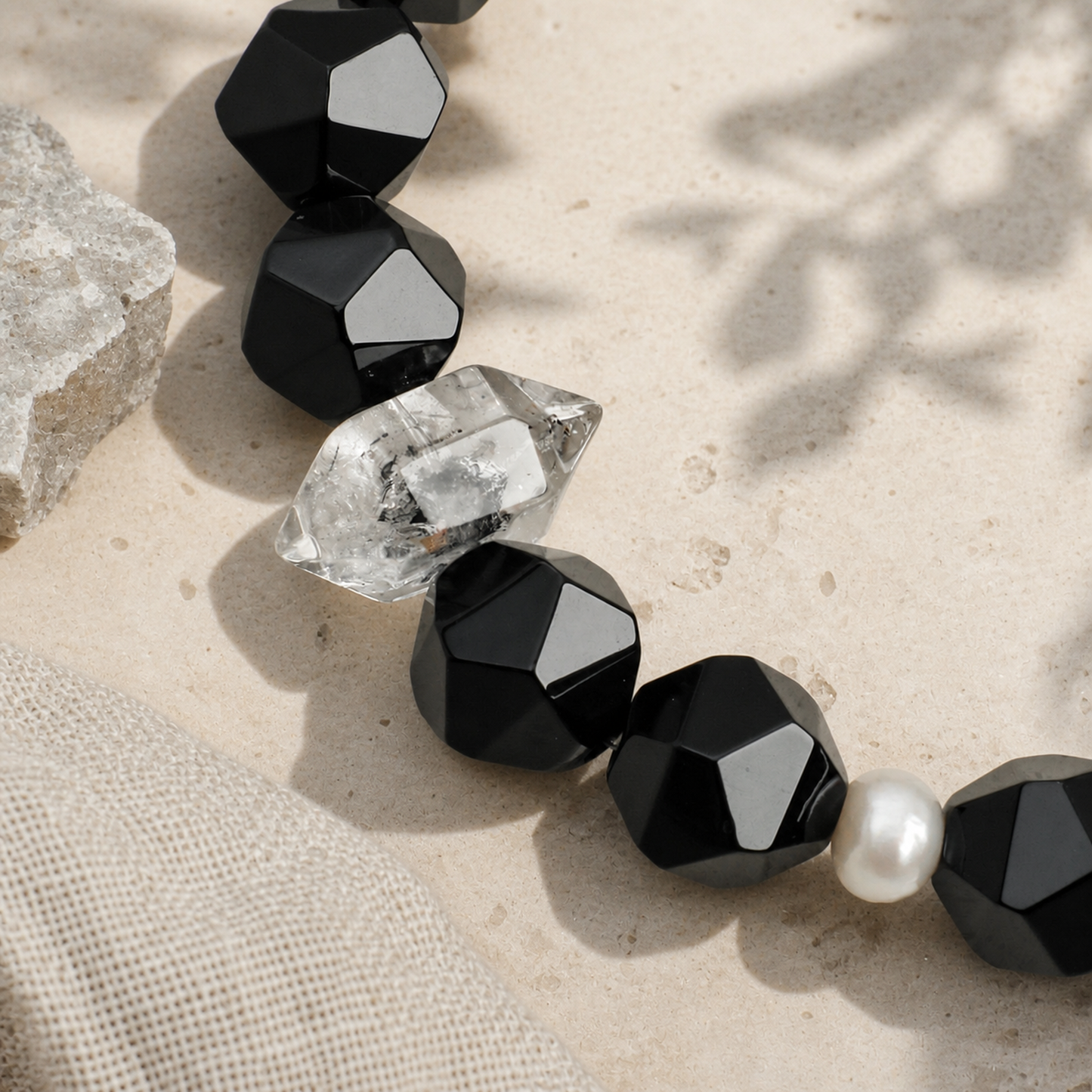 Faceted Black Agate & Black Herkimer Crystal Bracelet with Pearl Accents