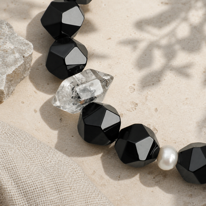 Faceted Black Agate & Black Herkimer Crystal Bracelet with Pearl Accents