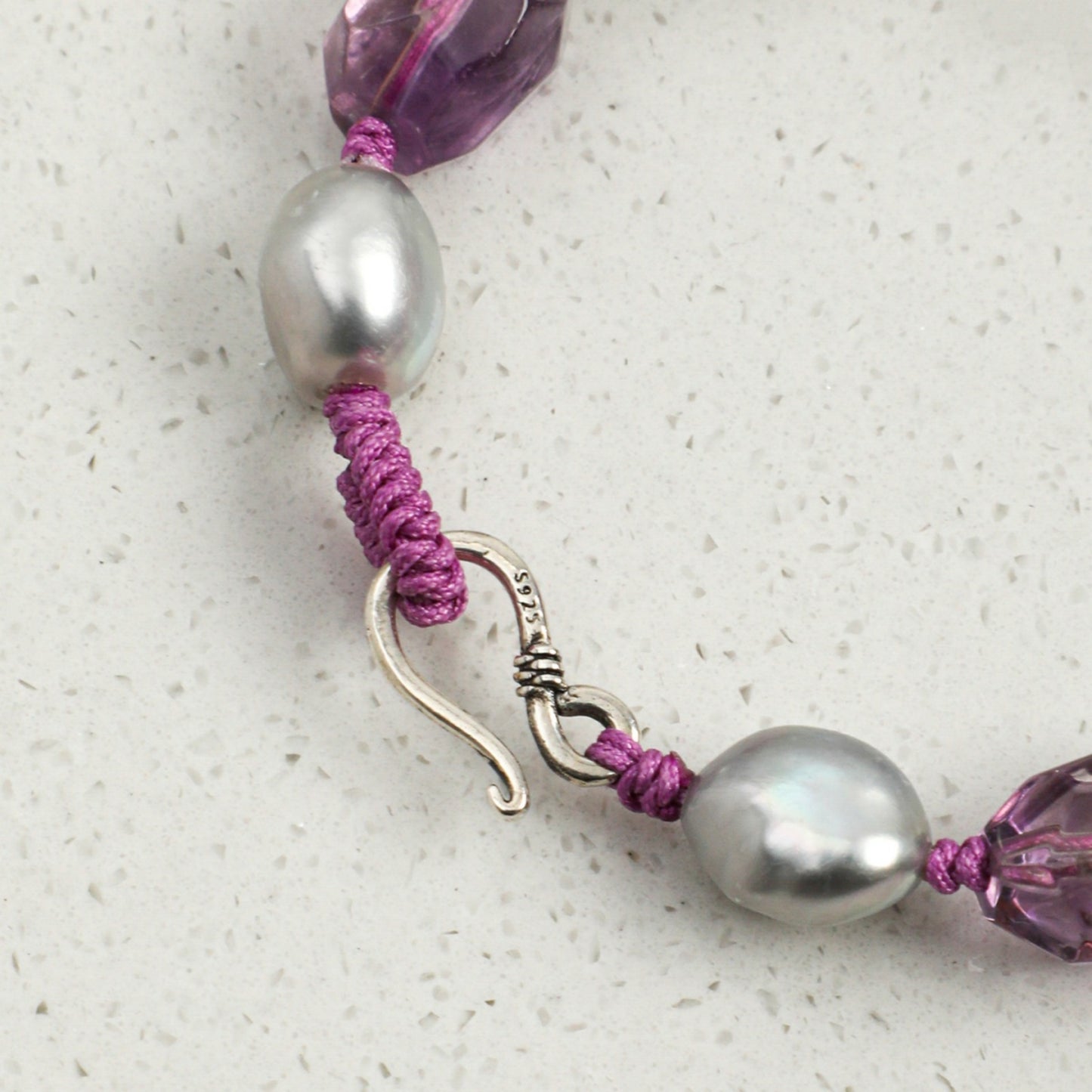 Natural Amethyst & Clear Quartz Bracelet with Gray Baroque Pearl Accents