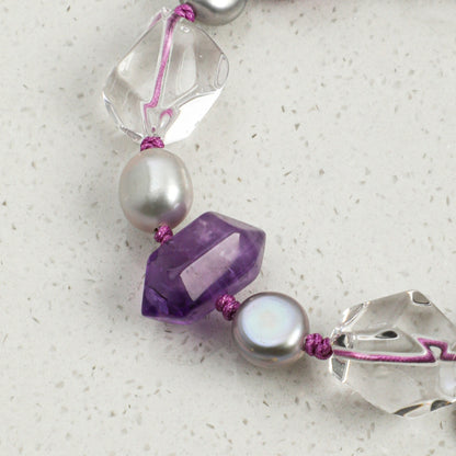 Natural Amethyst & Clear Quartz Bracelet with Gray Baroque Pearl Accents