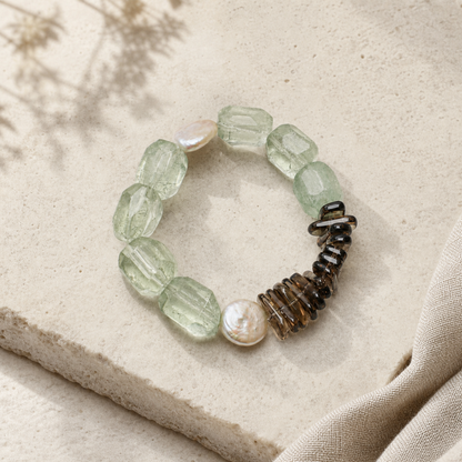 Natural Green Crystal Bracelet with Teardrop Baroque Pearl and Tea Crystal Accents