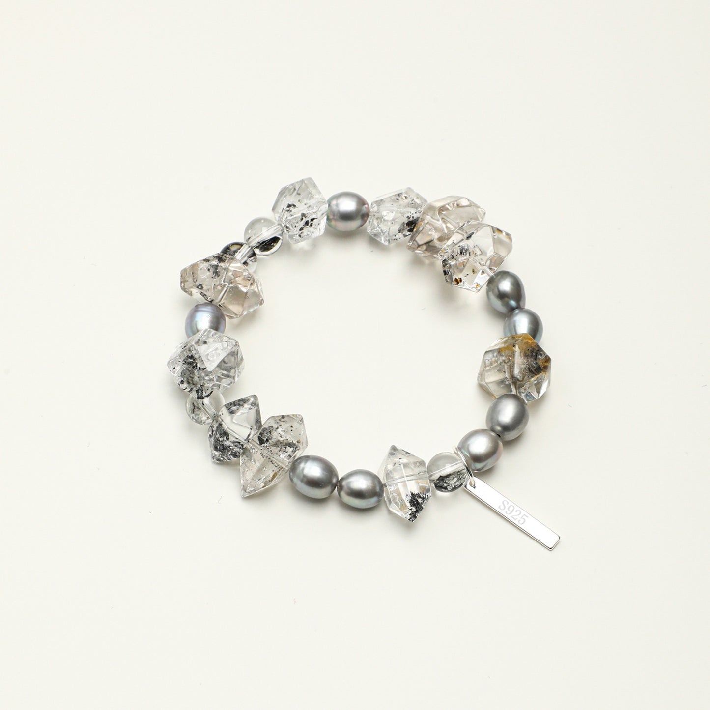 Black Herkimer Crystal Bracelet with Gray Rice Pearls and Sterling Silver Charm