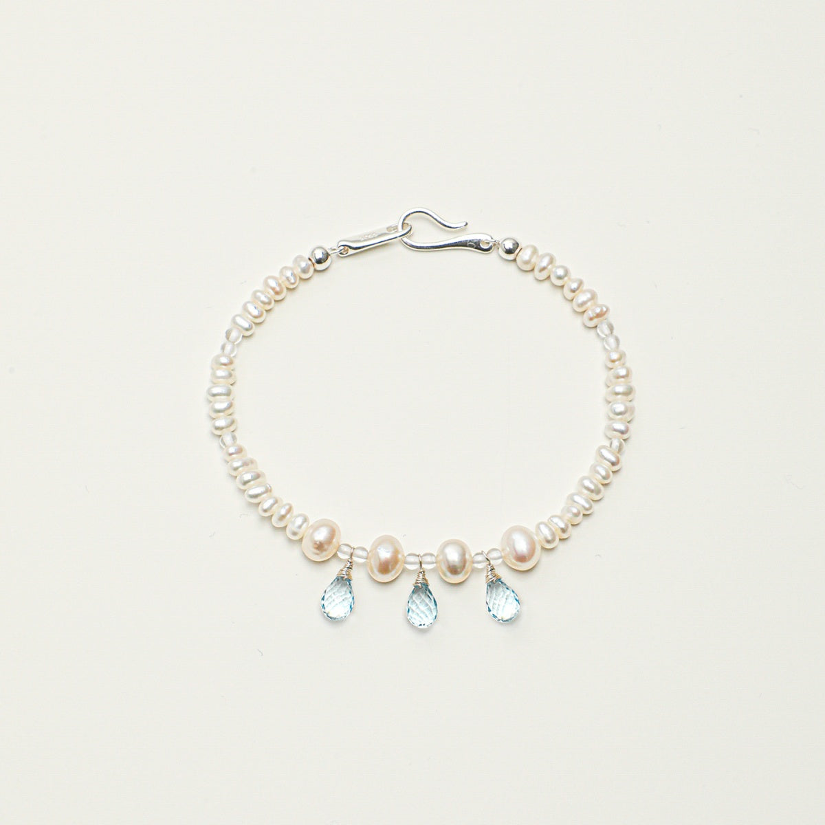 Blue Topaz Teardrop & Pearl Bracelet with Clear Quartz and S925 Silver Hook