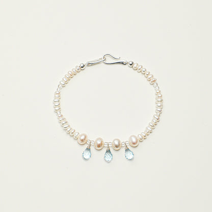 Blue Topaz Teardrop & Pearl Bracelet with Clear Quartz and S925 Silver Hook