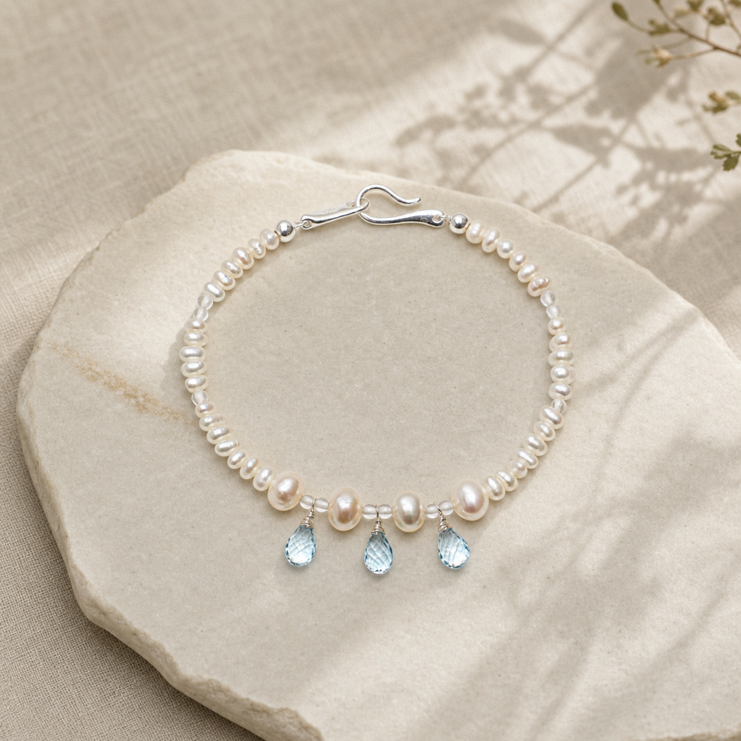 Blue Topaz Teardrop & Pearl Bracelet with Clear Quartz and S925 Silver Hook