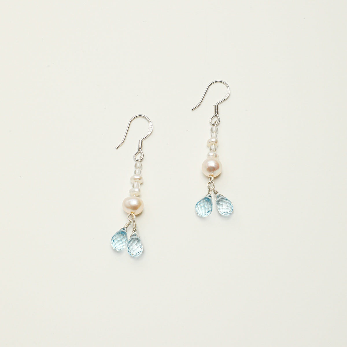 Blue Topaz & Pearl Drop Earrings with Clear Quartz and Sterling Silver Hooks