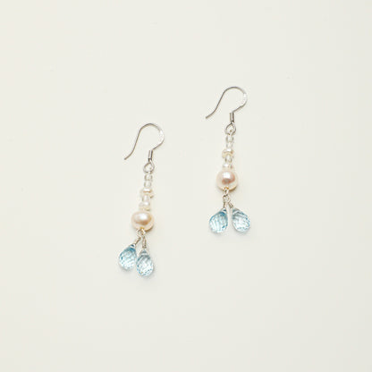 Blue Topaz & Pearl Drop Earrings with Clear Quartz and Sterling Silver Hooks