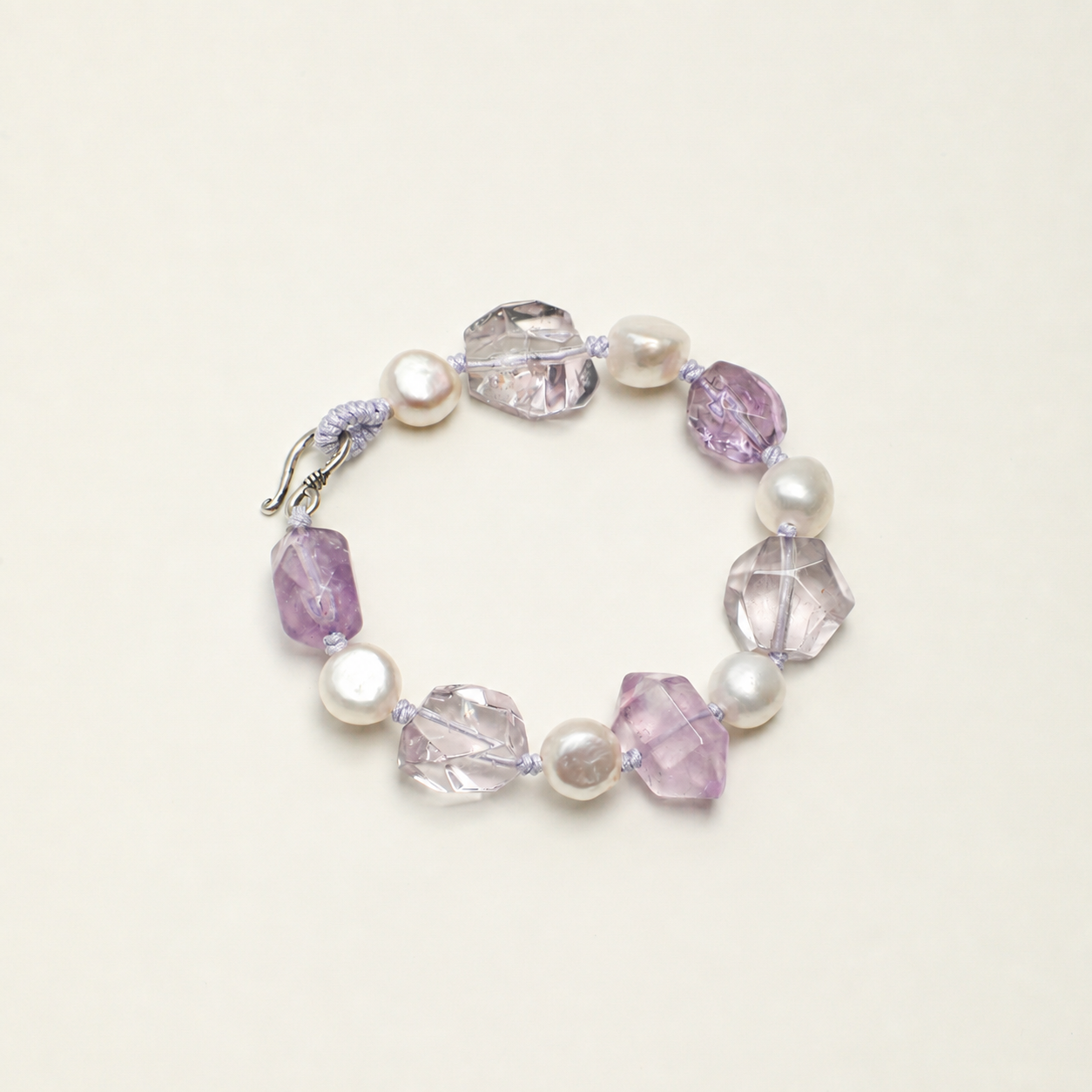 Natural Amethyst & Clear Quartz Bracelet with Baroque Pearls and Thai Silver Hook