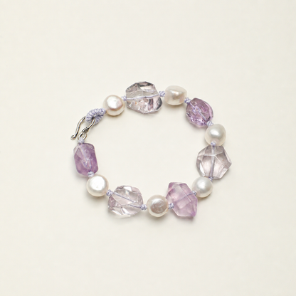 Natural Amethyst & Clear Quartz Bracelet with Baroque Pearls and Thai Silver Hook