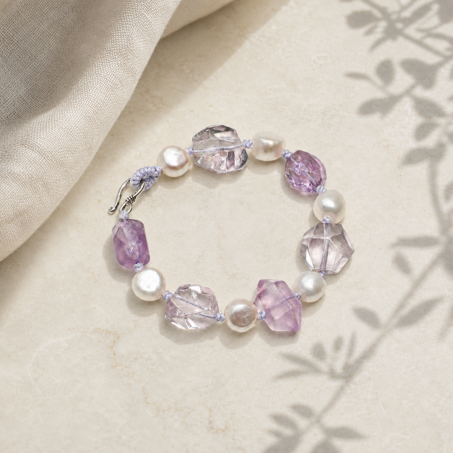 Natural Amethyst & Clear Quartz Bracelet with Baroque Pearls and Thai Silver Hook