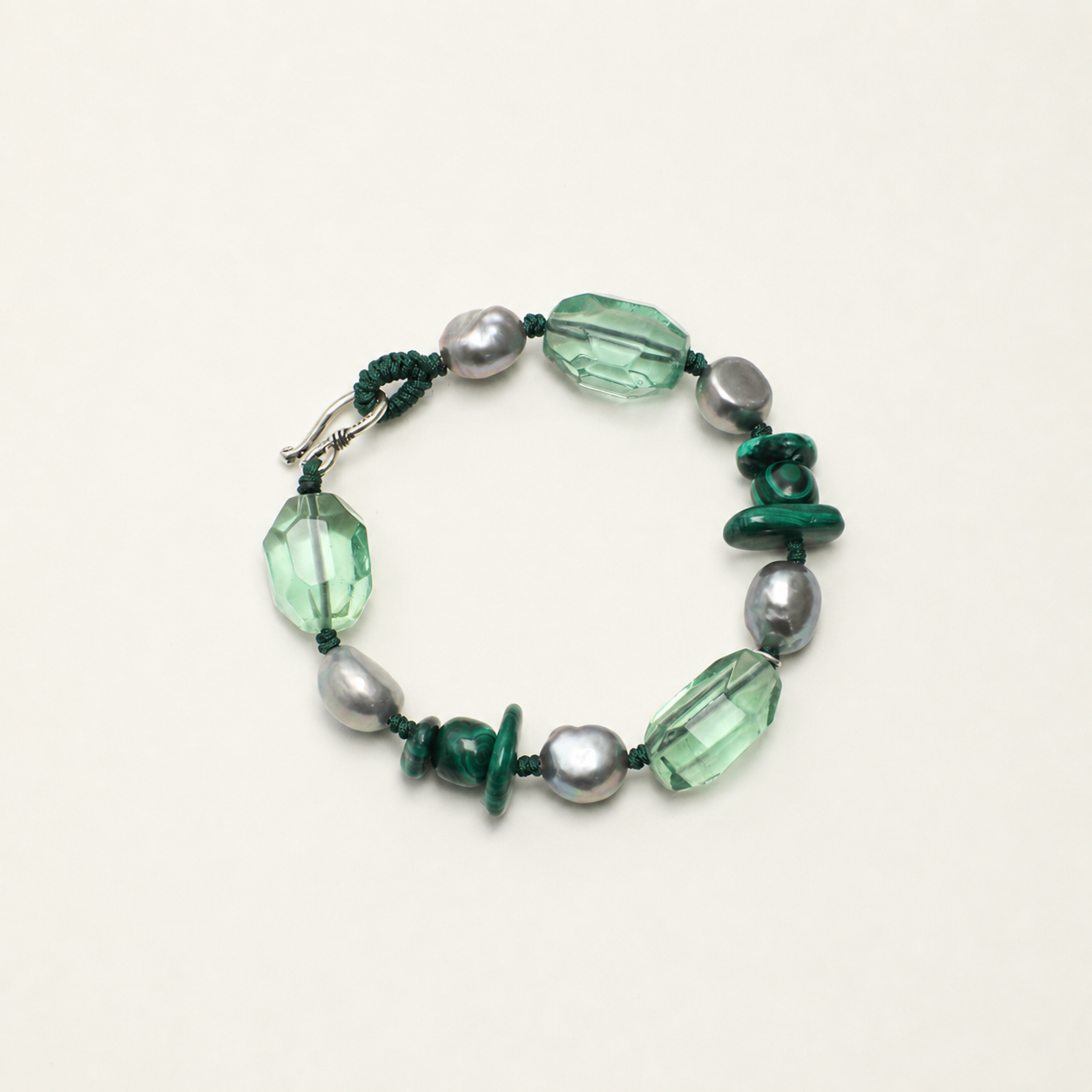 Green Crystal & Malachite Bracelet with Gray Baroque Pearls and Thai Silver Hook