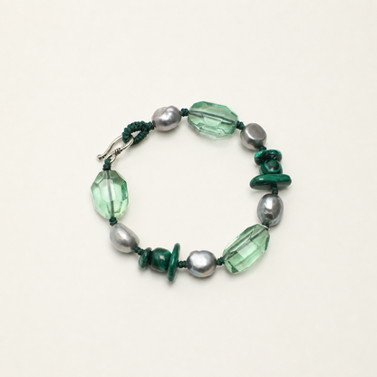 Green Crystal & Malachite Bracelet with Gray Baroque Pearls and Thai Silver Hook