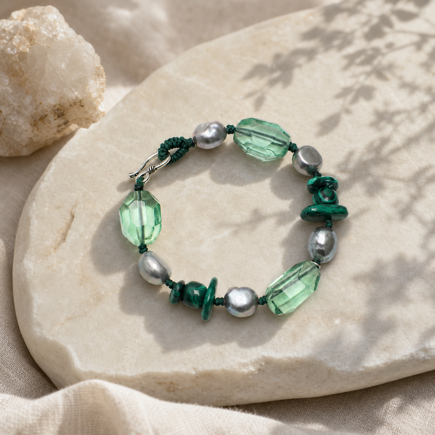 Green Crystal & Malachite Bracelet with Gray Baroque Pearls and Thai Silver Hook