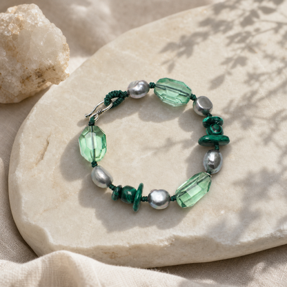 Green Crystal & Malachite Bracelet with Gray Baroque Pearls and Thai Silver Hook