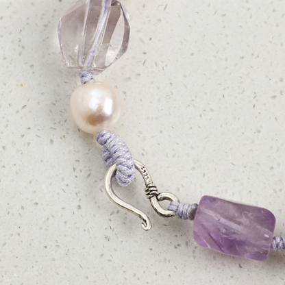 Natural Amethyst & Clear Quartz Bracelet with Baroque Pearls and Thai Silver Hook