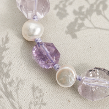 Natural Amethyst & Clear Quartz Bracelet with Baroque Pearls and Thai Silver Hook