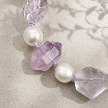 Natural Amethyst & Clear Quartz Bracelet with Baroque Pearls and Thai Silver Hook
