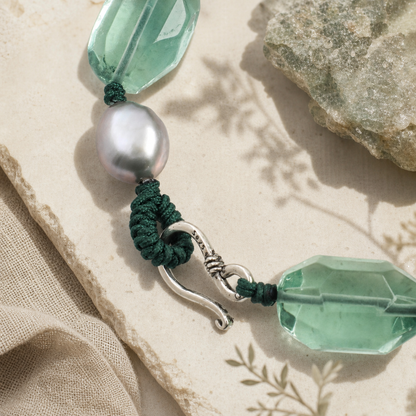 Green Crystal & Malachite Bracelet with Gray Baroque Pearls and Thai Silver Hook