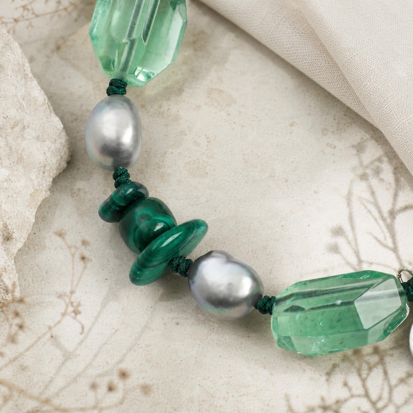 Green Crystal & Malachite Bracelet with Gray Baroque Pearls and Thai Silver Hook