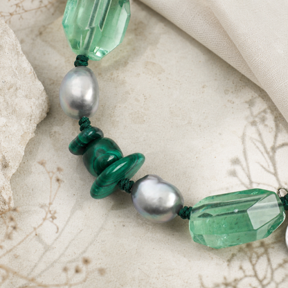 Green Crystal & Malachite Bracelet with Gray Baroque Pearls and Thai Silver Hook