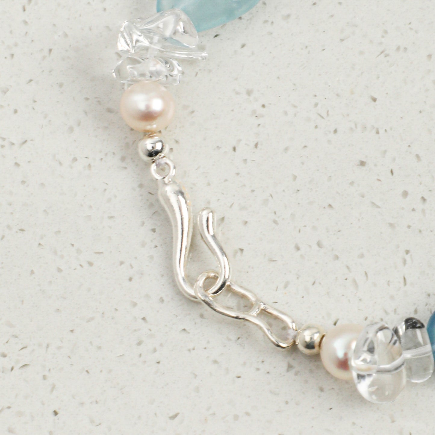 Aquamarine & Clear Quartz Bracelet with White Rice Pearls