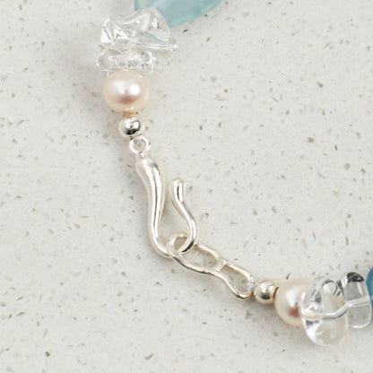 Aquamarine & Clear Quartz Bracelet with White Rice Pearls