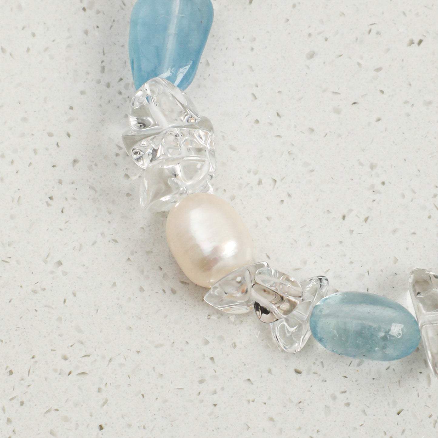 Aquamarine & Clear Quartz Bracelet with White Rice Pearls