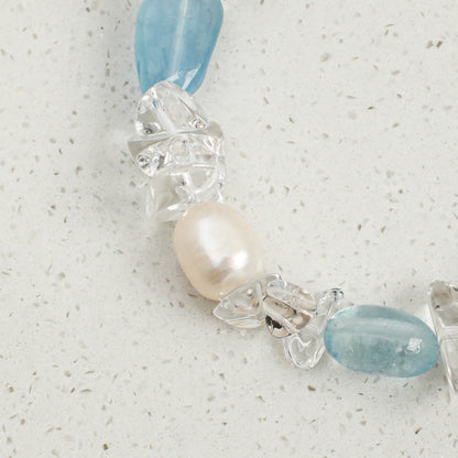 Aquamarine & Clear Quartz Bracelet with White Rice Pearls