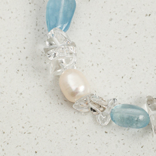 Aquamarine & Clear Quartz Bracelet with White Rice Pearls