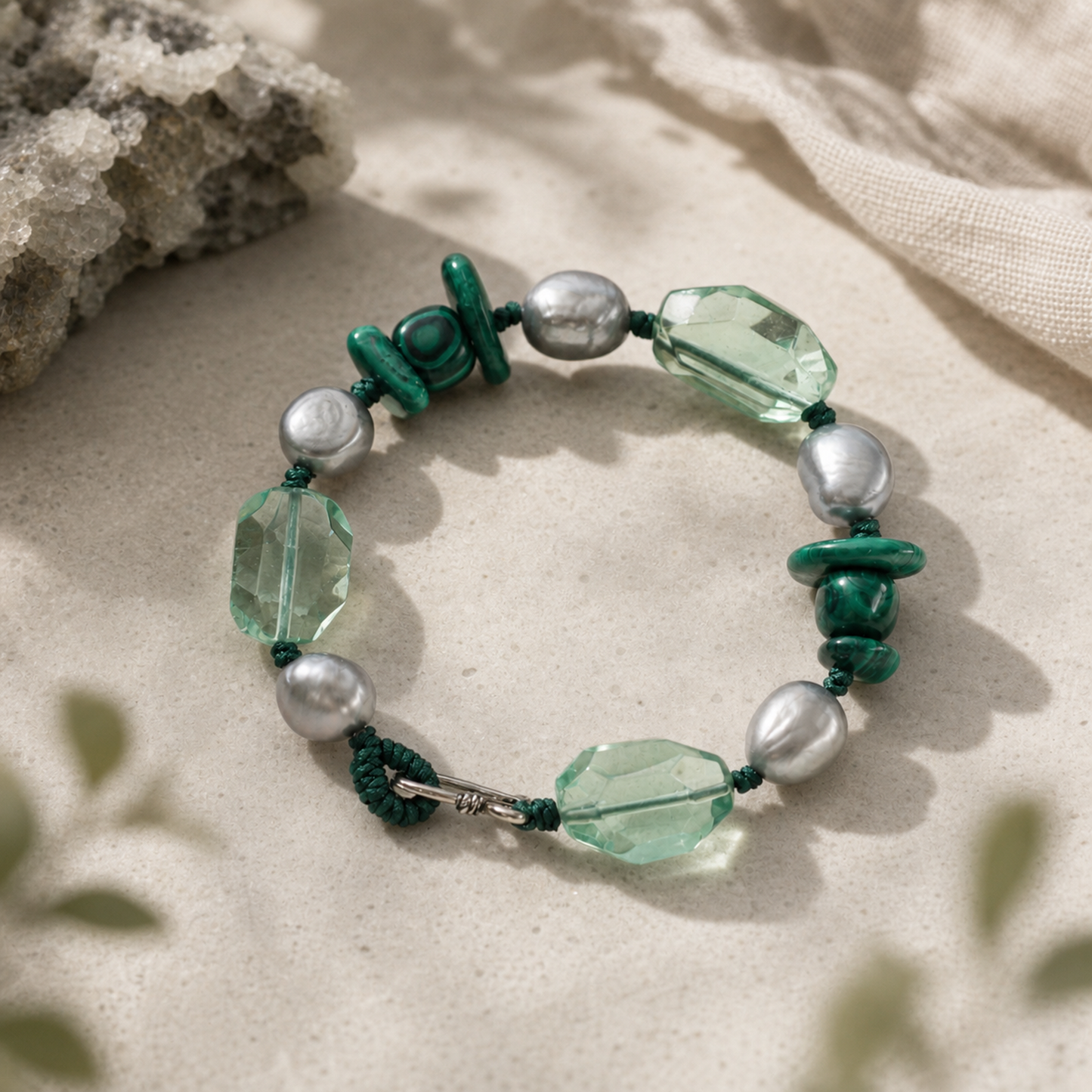 Green Crystal & Malachite Bracelet with Gray Baroque Pearls and Thai Silver Hook